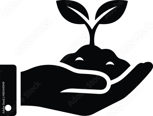 Modern solid symbol showing a hand nurturing a young plant to denote specialized ecological protection, corporate social responsibility, forestry, and agriculture findings.