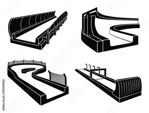 Black and white vector playground structures set. Indoor park, playing equipment designs illustration.