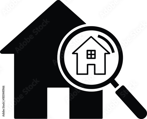Modern solid symbol showing a magnifying glass focusing on a building to denote specialized real estate appraisal, residential relocation, and online housing discovery findings.