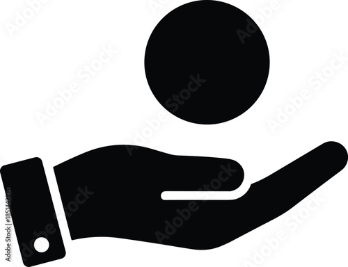 Minimalist black silhouette featuring an open human hand catching or holding a large circular coin representing charitable donations, financial aid, and altruistic giving.
