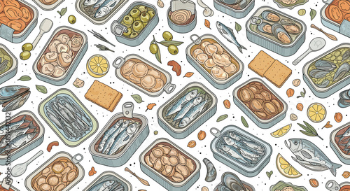 Seamless pattern of colorful hand-drawn tinned seafood, olives, and crackers in a vintage food illustration style.