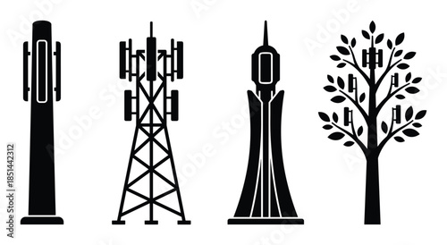 Black silhouettes of cell towers. Communication technology: towers, antennas, transmission, network.