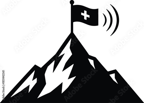 Minimalist black silhouette of a rugged mountain peak topped with a medical cross flag and signal waves representing mountain rescue and emergency alpine communication.