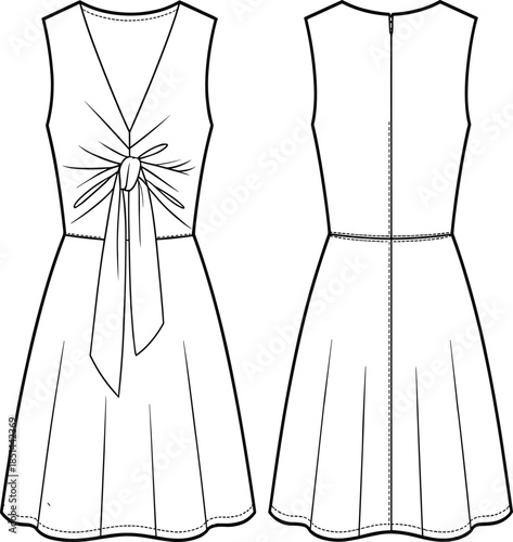 Technical fashion flat sketch of women's sleeveless tie front dress, v neck summer sundress vector illustration for apparel design development,