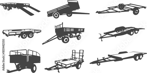 Trailer silhouettes, vector transport icons, flatbed trailer, enclosed trailer, utility trailer, cargo hauler, vehicle carrier, black silhouette, isolated, editable