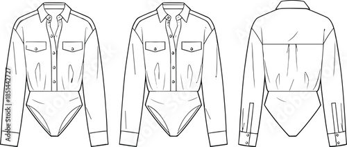 Women's bodysuit shirt, fashion flat sketch, technical garment drawing, vector apparel template, long sleeve blouse, front back view, collar, cuffs