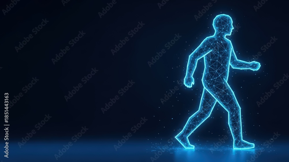 Fototapeta premium Glowing blue digital human silhouette in running motion with intricate network connections on dark background