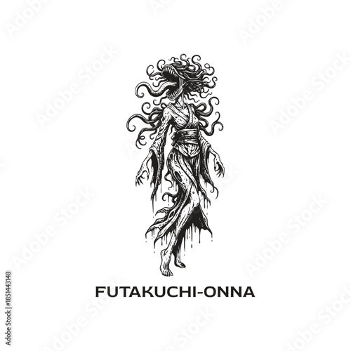 Hand drawn illustration of Futakuchi-onna, the two-mouthed woman from Japanese mythology, in a creepy horror style.