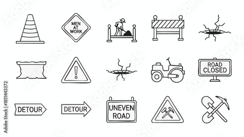 Road Construction  Safety Icons Signs Barriers Tools Hazards.