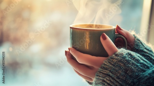 Cozy morning, Woman enjoying warm beverage by the window in winter