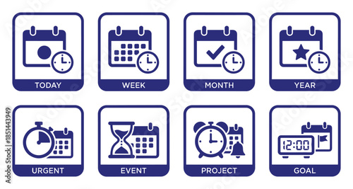 Calendar and time management icons set, representing today, week, month, year, event and goal.