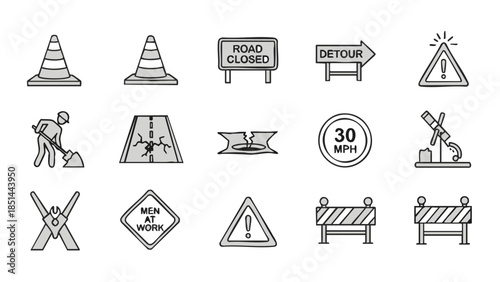 Road Construction  Warning Signs Icons Set.