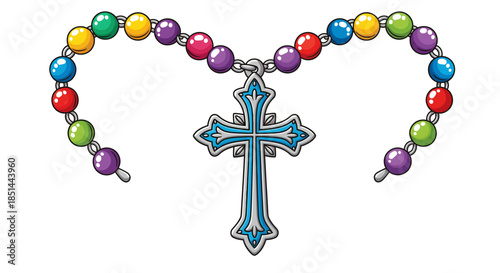 Colorful Rosary with Intricate Silver and Blue Cross - A Symbolic Representation of Prayer, Faith, and Spiritual Journey in Christian Tradition