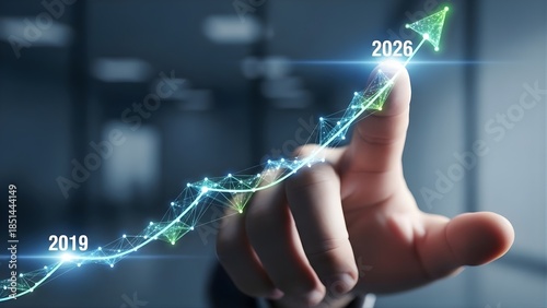 Business Finger Touching Rising Digital Growth Chart with Upward Arrow Representing Financial Success Data Analysis Future Strategy and Economic Progress