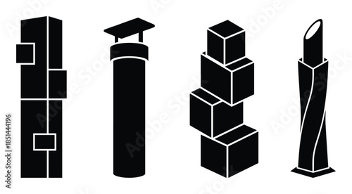 Collection of abstract sculptures vector design featuring black and white towers and blocks.