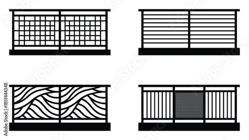 Collection of balcony railing designs. Decorative design elements for terraces and balconies.