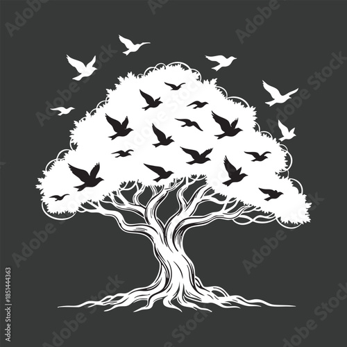 Tree with flock of birds