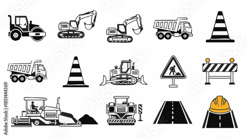 Construction Equipment Icons Excavator Dump Truck Roller Road Signs.