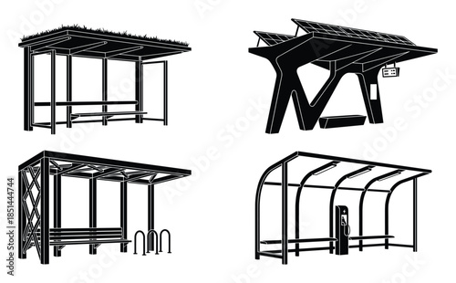 Collection of four bus shelter illustrations displaying different modern designs, isolated on white.