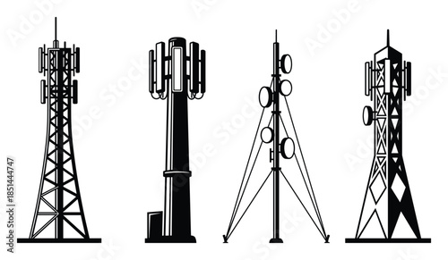 Collection of four Cell towers, antennas transmission sites with unique designs isolated on white.