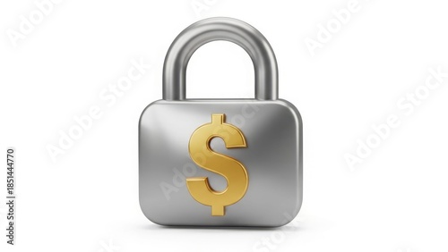 Metal padlock with a gold dollar sign symbolizing financial security, money protection, or investment safety on a white background