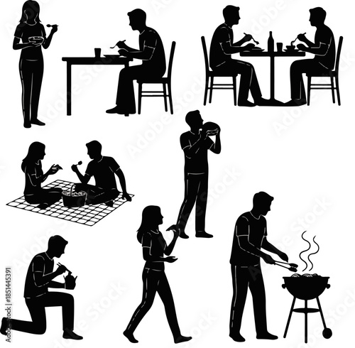 Black Eating People Silhouette Collection of Eight Daily Activity Poses