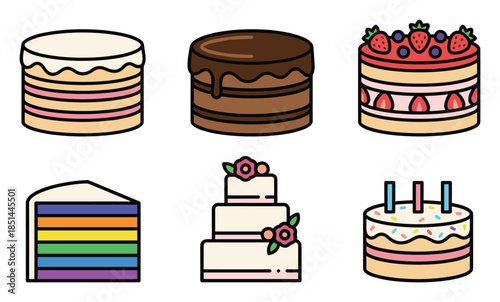 Colorful flat cartoon cakes illustration showcasing bakery sweets, deserts, and tiered cake designs.