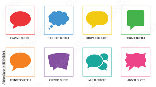 Colorful vector graphic set of speech bubbles in classic, square, jagged, thought bubble shapes.