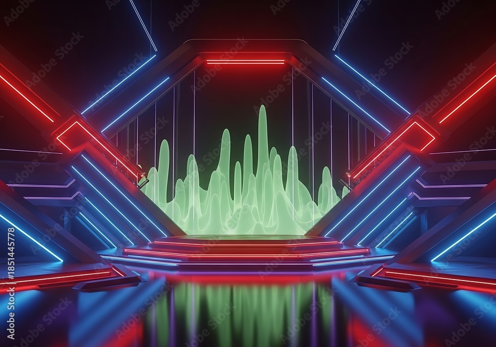 Naklejka premium Illuminated futuristic stage backdrop with dynamic spectral formation