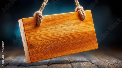 Blank wooden sign hanging from rope on rustic wood background