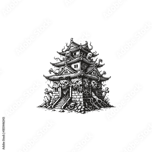 Eerie hand drawn illustration of a haunted Japanese pagoda infested with demonic faces and spirits in a dark horror style