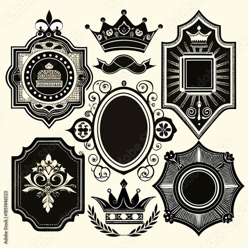 Black decorative label silhouettes, vintage frame shapes, retro outline badge, ornate geometric borders, empty tag design graphics, shield elegant royal crest emblem, retro sticker. Vector set