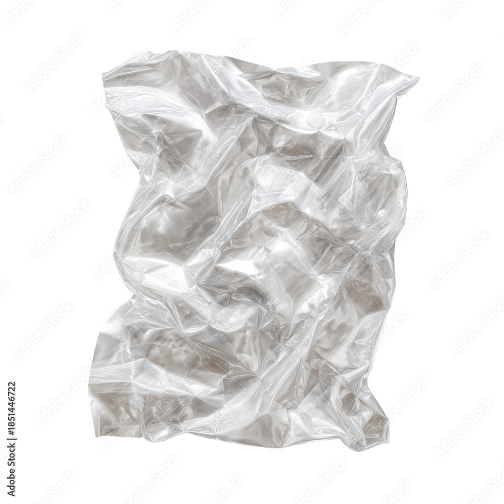 Fototapeta premium Crushed transparent plastic bag with geometric pattern on black background crumpled