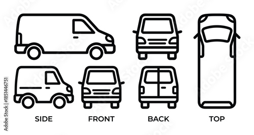 Detailed box truck vector illustration showing the side, front, back, and top views of the vehicle.