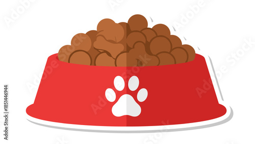 Red Dog Bowl with Kibble and Paw Print Icon - Flat Design