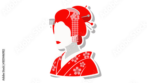 Red Geisha Icon with Cherry Blossoms - Japanese Art