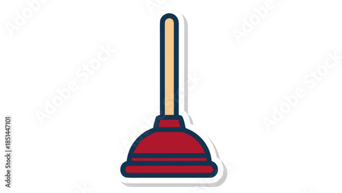Red Plunger Icon with Wooden Handle - Vector Illustration