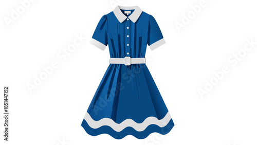 Retro Blue A-Line Dress with White Belt and Collar
