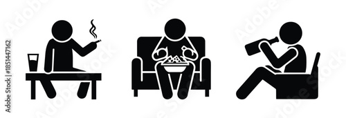 Bad habits icon set, a person drinks alcohol, eats a lot of fast food, and leads a sedentary lifestyle, stick figure, isolated human silhouette