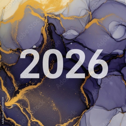 2026 Happy New Year Card Abstract Liquid Ink Indigo Gold Marbled
