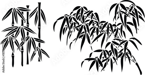 Black Silhouette Of Bamboo Stalks And Leaves