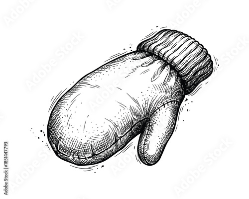 Detailed hand-drawn sketch of a winter mitten with shading and texture details in black and white.