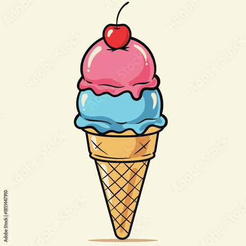 Adorable ThreeScoop Ice Cream Cone with Smiling Faces Vector Art