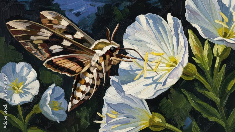 Naklejka premium Detailed illustration of a hummingbird moth hovering near white evening primrose flowers on a dark background showcasing intricate wing patterns and natural pollination behavior