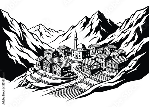 Detailed line art illustration of a mountain village with a mosque, rendered in black and white.