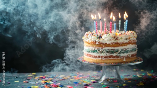 beautiful, multi-layered birthday cake on a stand, with the candles just blown out, wisps of smoke curling up, and colorful confetti scattered on the table, post-celebration joy, festive and magical.