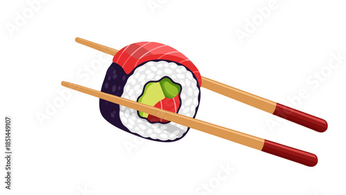 Salmon Sushi Roll Held by Chopsticks - Vector Illustration