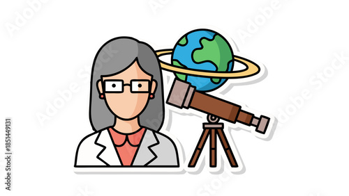 Scientist with Telescope and Planet Illustration