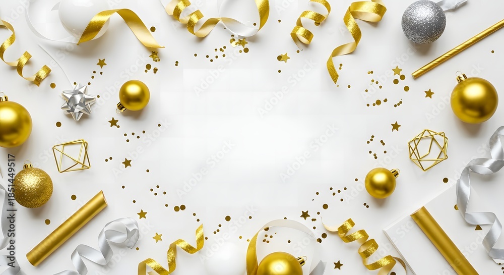 Fototapeta premium Festive golden and silver decorations scattered on a surface, creating a celebratory atmosphere. Ribbons, ornaments, and confetti are artfully arranged, suggesting joy and occasion