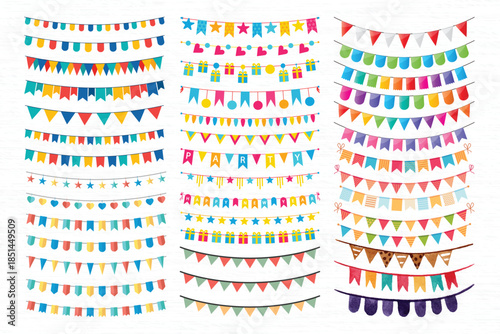 Party bunting. Color paper triangular flags collected and draped in garlands, happy birthday buntings. Party celebration bunting, fabric festive flag. Cartoon isolated vector icons set